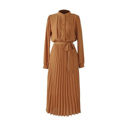 vmtvr Elegant Chiffon Long Sleeve Shirt Dress Women Belt Lace Up A-line Pleated Maxi Dress Korean Fashion Fall Clothes Streetwear