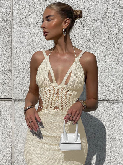 vmtvr - Knitted Cut Out Halter Sexy Backless Summer Beach Dress for Women Elegant Outfits Bandage Slit Dresses Bodycon New