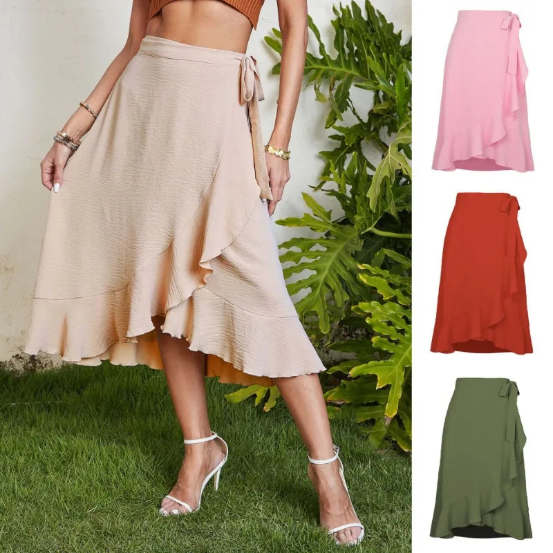 vmtvr Elegant Summer High Waist Skirts For Women Fashion Irregular Ruffle A-line Tie-up Warp Skater Beach Holdiay Sunscreen Clothing