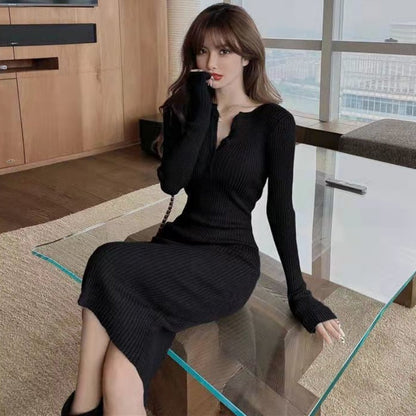 vmtvr - Black Sexy Female Knit Dress Winter Autumn Wrap Midi Green Bodycon 2023 Fashion Sweater Dresses Woman Vintage Korean Mini Short