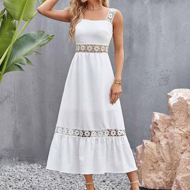 vmtvr  -  Women's Summer New Fashion Solid Hollow Out Lace Spliced Square Neck Sleeveless High Waisted Pullover A-line Strap Midi Dresses