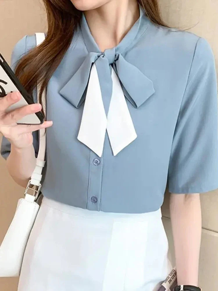 vmtvr Fashion Sweet Bow White Chiffon Shirt Women Korean Casual Short Sleeve Office Lady Blouse Summer All Match Loose Tops New