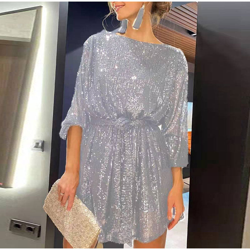 vmtvr Women Solid Sexy Sequins Mini Dress Female Fashion Long Sleeve Clothes Lady Elegant Evening Party Club Festival Dress