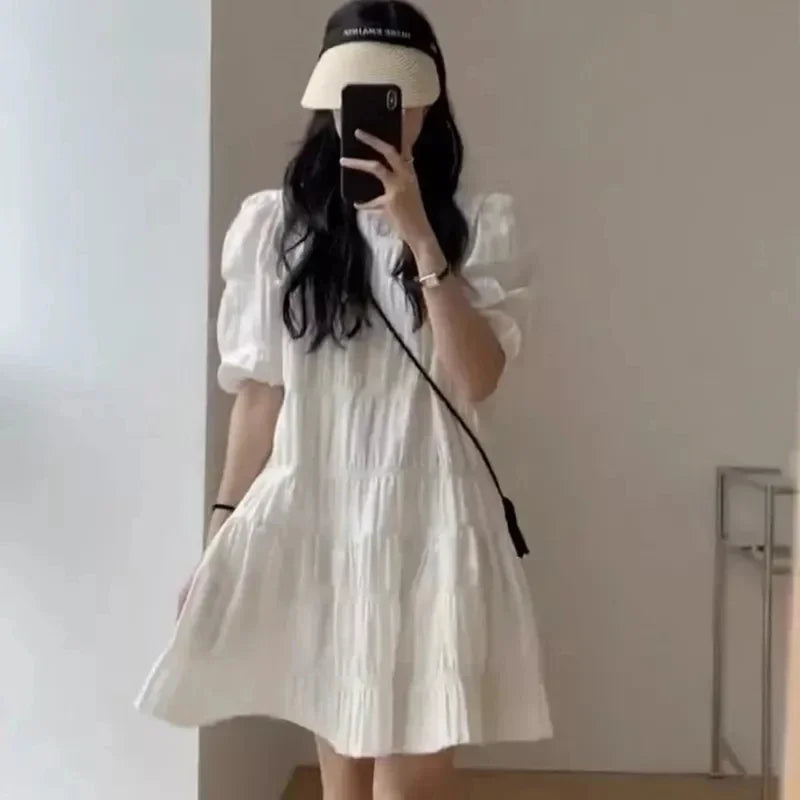 New Casual Loose Short Sleeve Summer Beach Dress White Fashion French Pleaded Dress for Women Evening Party Dresses Robe 27992