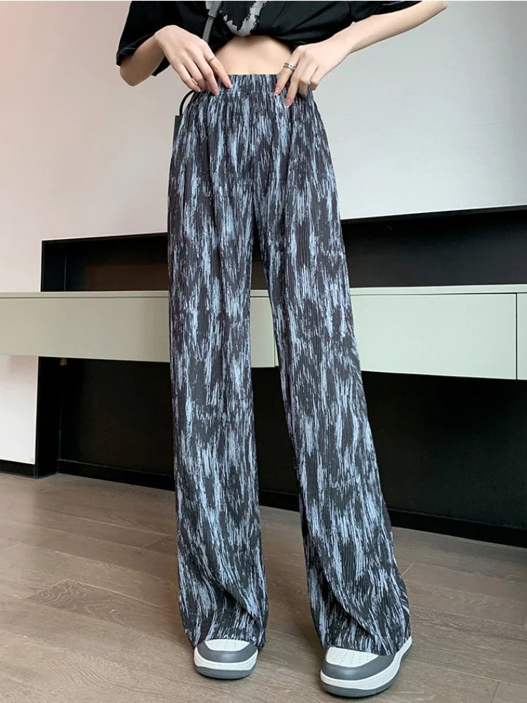 vmtvr Ice Silk Wide Leg Pants for Women High Waist Summer Straight Pant Full-length Cool Leopard Print Loose Casual Women's Long Pants