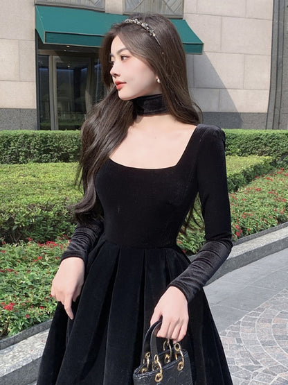 vmtvr Velvet Elegant Evening Party Midi Dresses Ladies Black France Vintage Dress Women New Winter Korean One-piece Dress Autumn