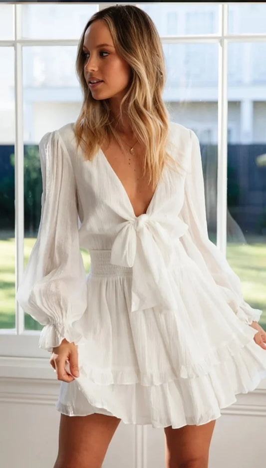 vmtvr White Long Sleeved V Neck Tied A Line Skirt Single Piece White Dress For Women In Summer