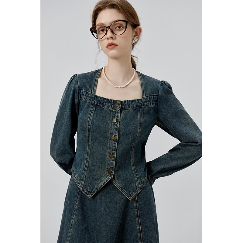 Dark Blue Women Retro Denim Sets Square Neck Puff Sleeve Female Blouses A-LINE Long Skirts Zipper Waist Women Denim Skirt