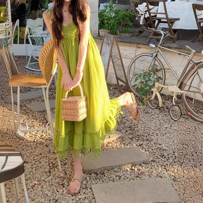 vmtvr Original Avocado Green Knit Camisole Dress Spring and Summer Women Loose Hollow Patchwork Breathable Casual Mori Style Dress