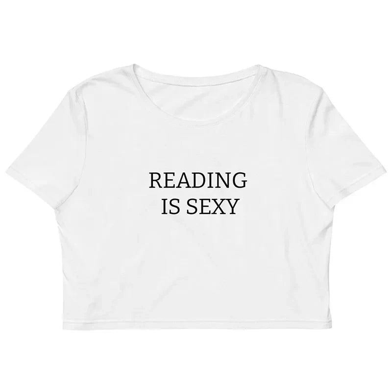 -Retro sports style outfit streetwear 90s fashion Reading is Sexy Letters Printing Women Short Sleeve Crop Tops Summer Cotton Slim Sexy Shirts White Street Fashion Y2K Tees