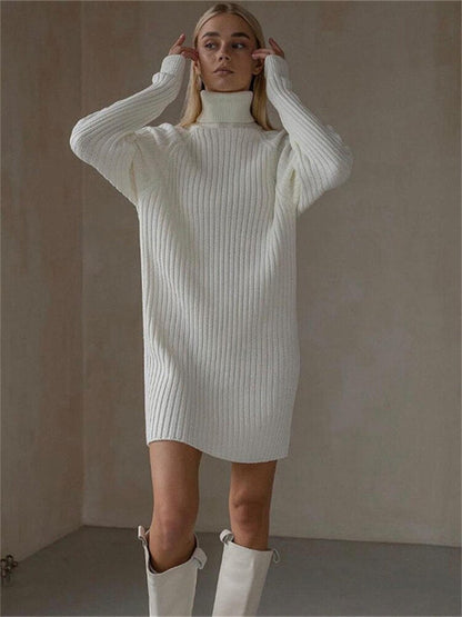 vmtvr - Autumn Knit Loose Turtleneck Maxi Dress Women Ribbed High Waist Fashion Elegant Dress Knitwear Long Sleeve Female Dress