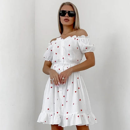 vmtvr  -  Original Crepe Cotton Hemp Love Printed Dress Spring and Summer Women's Slash Neck Bubble Sleeves Leisure Vacation Beach Dress