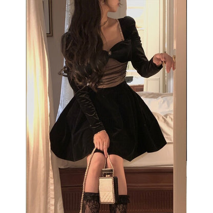 vmtvr - One Piece Dress Korean Ladies Black Fashion Elegant Velvet Dress Female Vintage Long Sleeve Evening Party Midi Dress