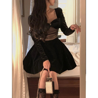 vmtvr Winter One Piece Dress Korean Ladies Black Fashion Elegant Velvet Dress Female Vintage Long Sleeve Evening Party Midi Dress