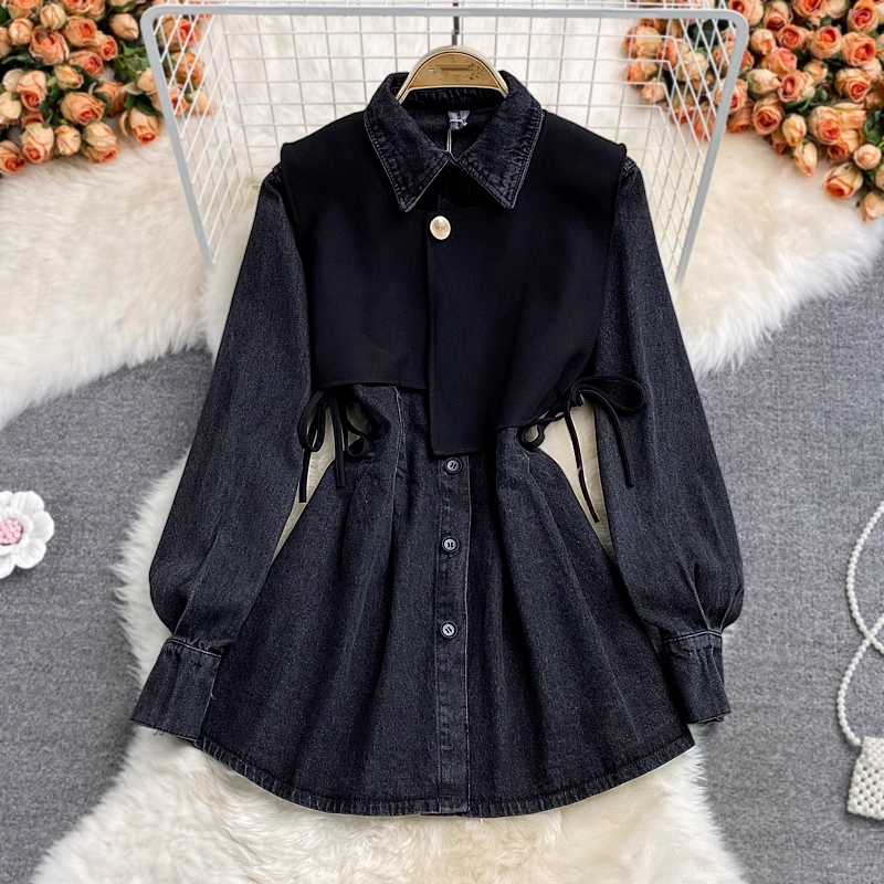 - Fake two-piece vest lapel denim dress GEU827