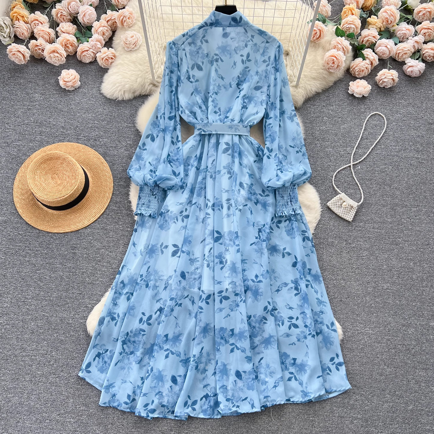 - Floral dress with chiffon puffed sleeves GEU623