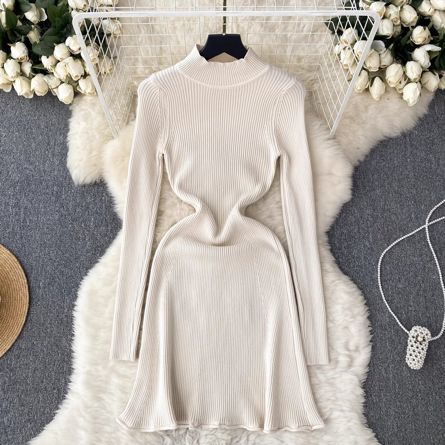 vmtvr- Solid color knitted dress women's autumn and winter half turtleneck tight dress GEU514