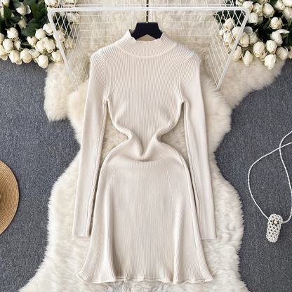 - Solid color knitted dress women's autumn and winter half turtleneck tight dress GEU514