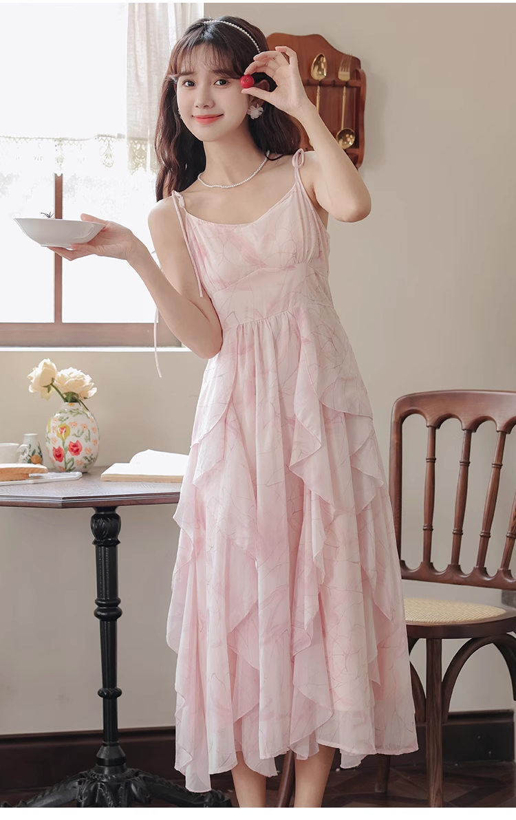 - Pink ruffled chiffon suspender dress for women summer  GEU1188