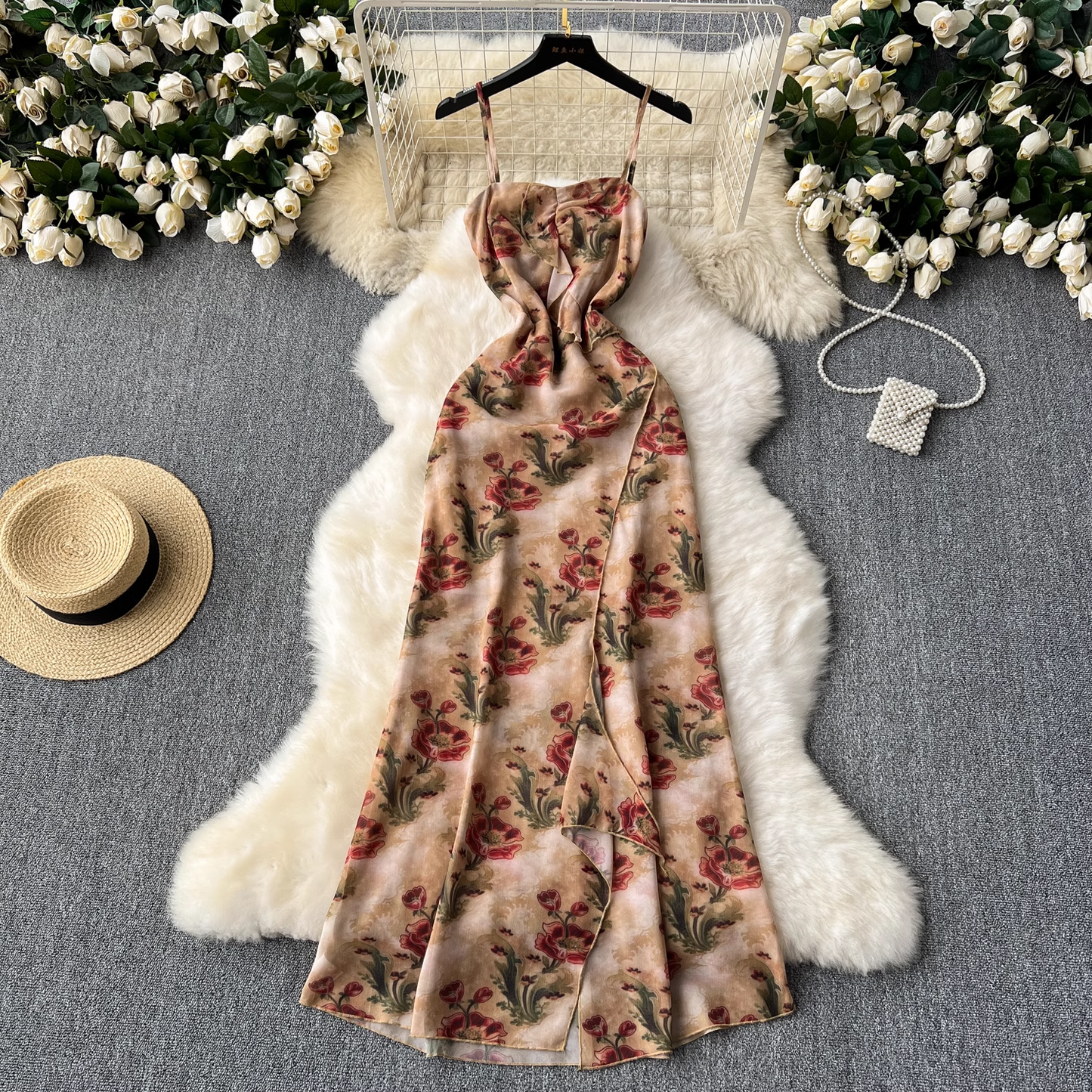 - New style chic suspender printed dress for summer GEU1090