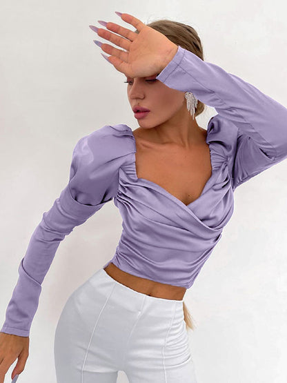 -Satin Folds Women Top V Neck Puff Sleeve Spring T-shirts Slim Sexy Casual Office Lady Elegant Aesthetic Female Clothing