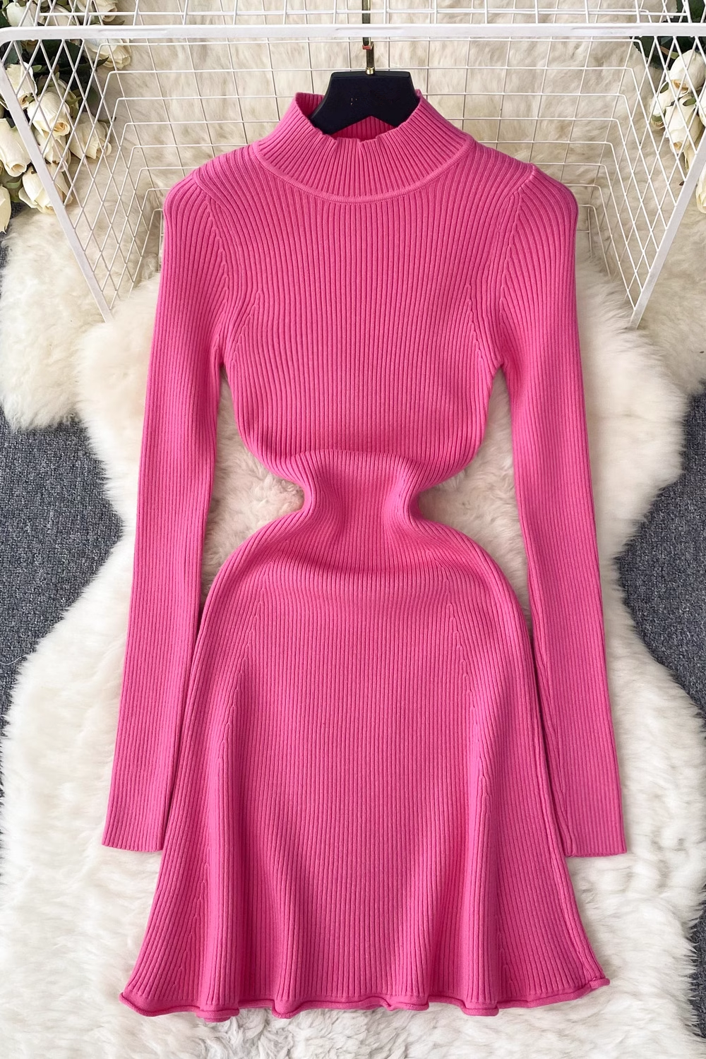 vmtvr- Solid color knitted dress women's autumn and winter half turtleneck tight dress GEU514