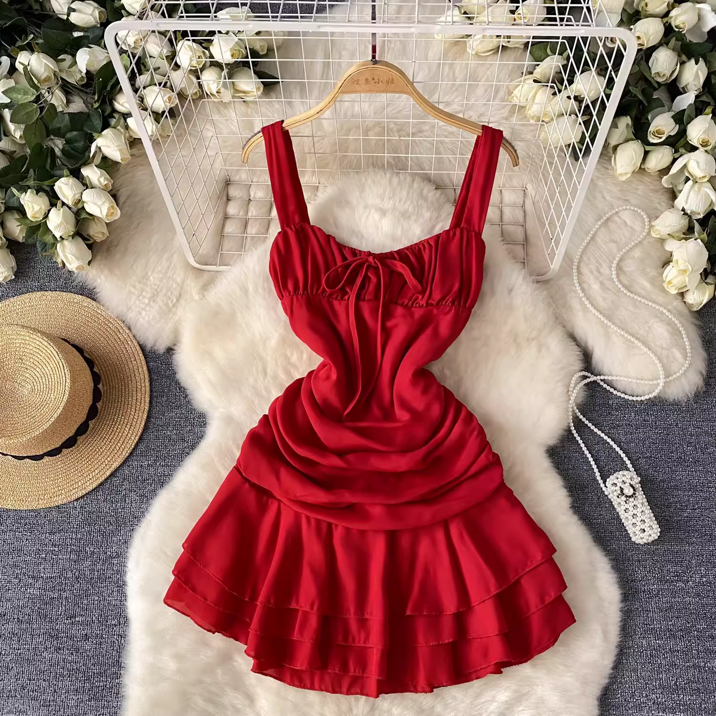 - Red ruffle suspender short dress GEU1467