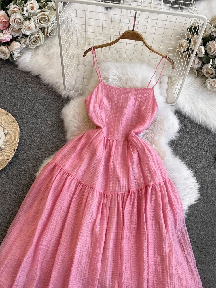 - Pink a-line dress seaside vacation long dress GEU1023