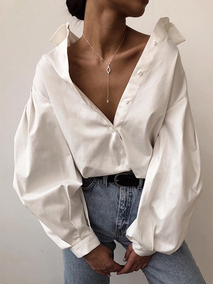 -Lantern Sleeve Elegant Shirt Blouse White Black Button Vintage Turn Down Collar Office Ladies Shirt Female Casual