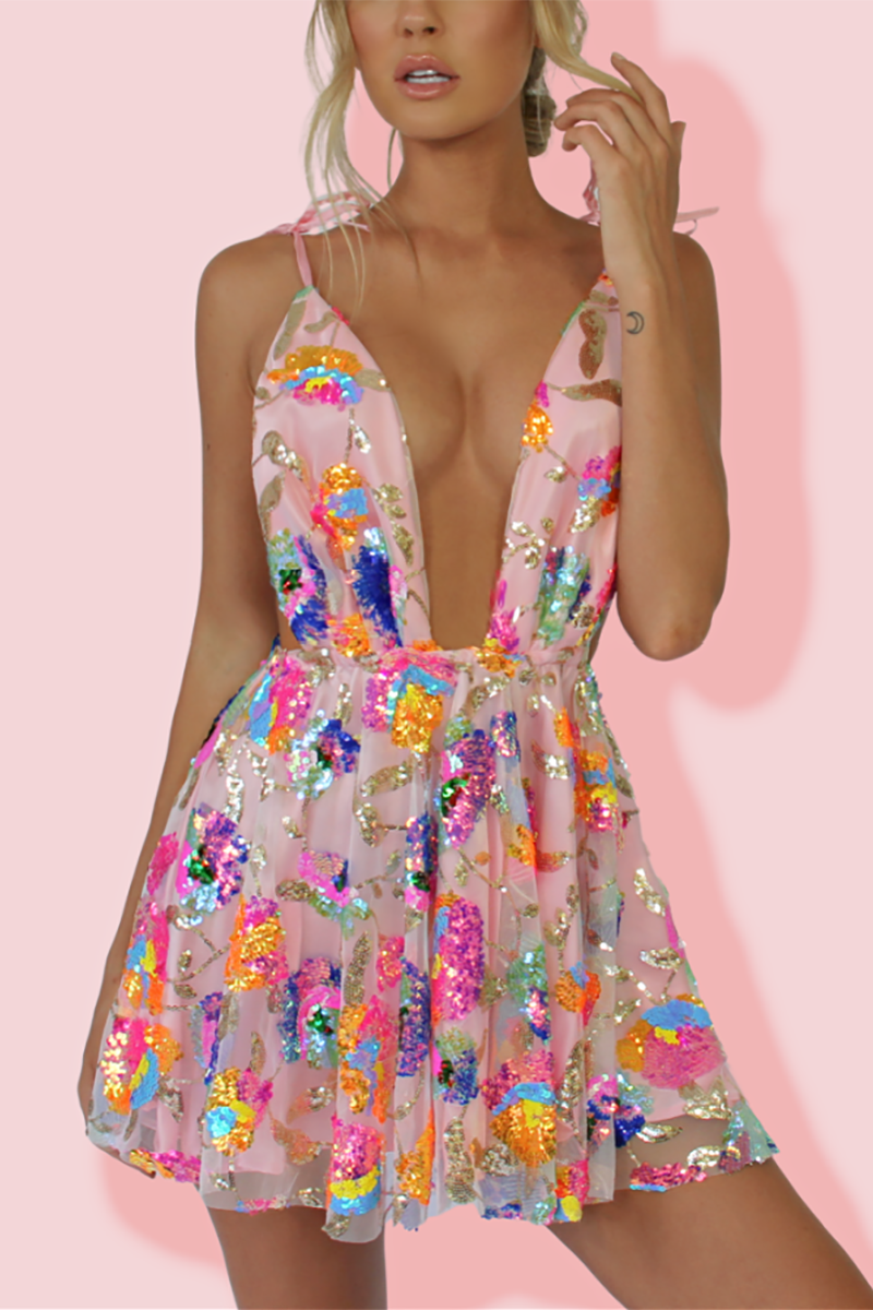 vmtvr Rainbow Sequin Open Back Slip Mini Dress