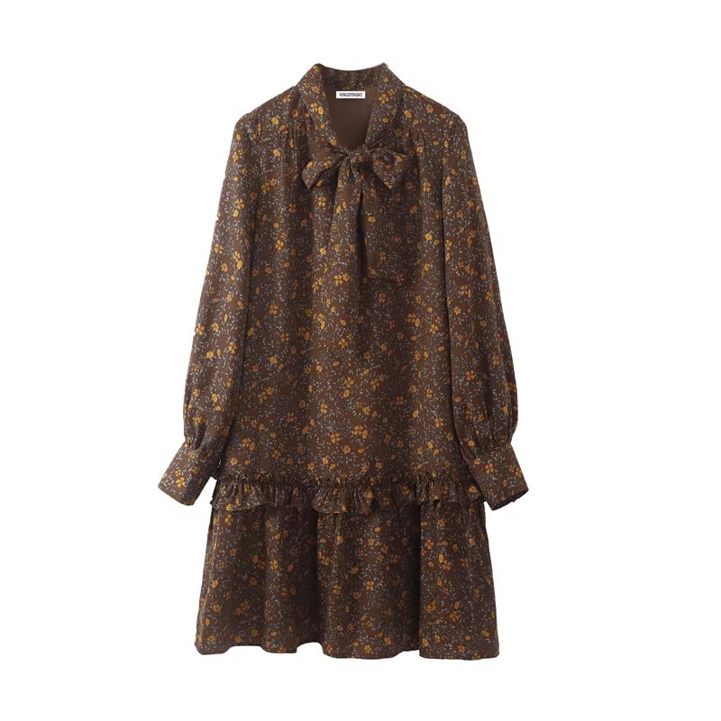 - Retro loose mid-length brown strappy floral long-sleeved dress for autumn and winter women GEU767