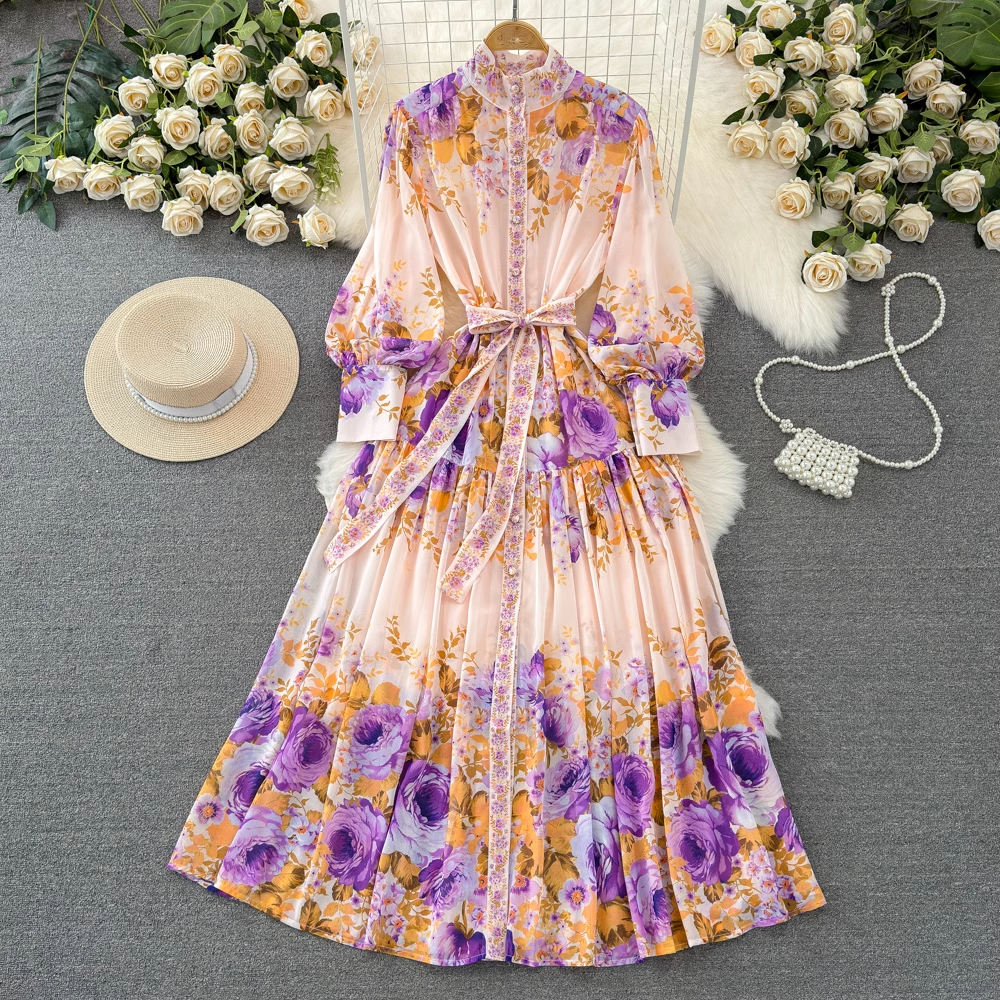 - Retro palace style lantern long sleeve a-line printed dress GEU1003