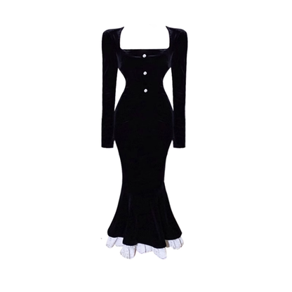 - Retro mermaid dress women's autumn black retro velvet dress GEU711