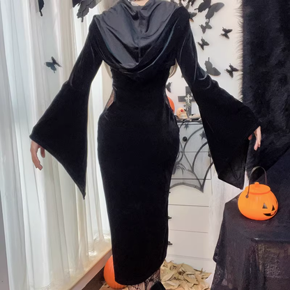 - Halloween new women's suspender dress suit hooded bell sleeve spider web dress GEU684