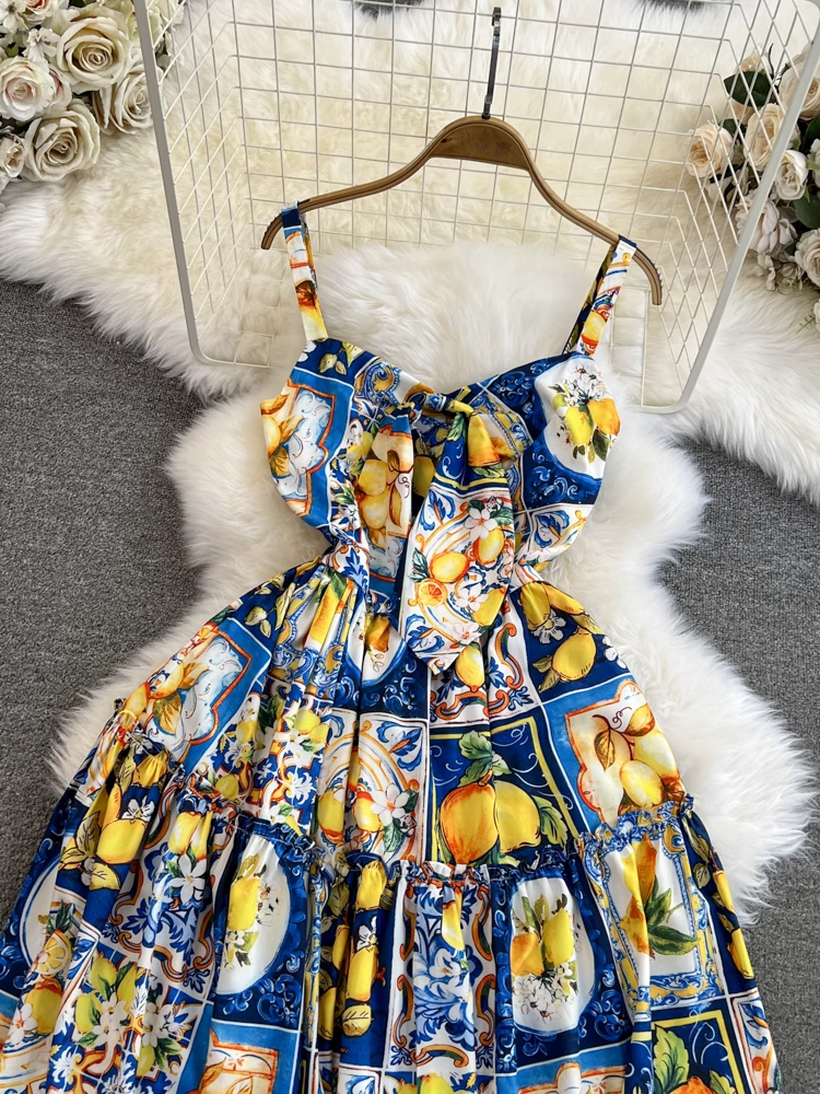 - Mid-length a-line lemon print suspender dress seaside vacation long dress GEU885