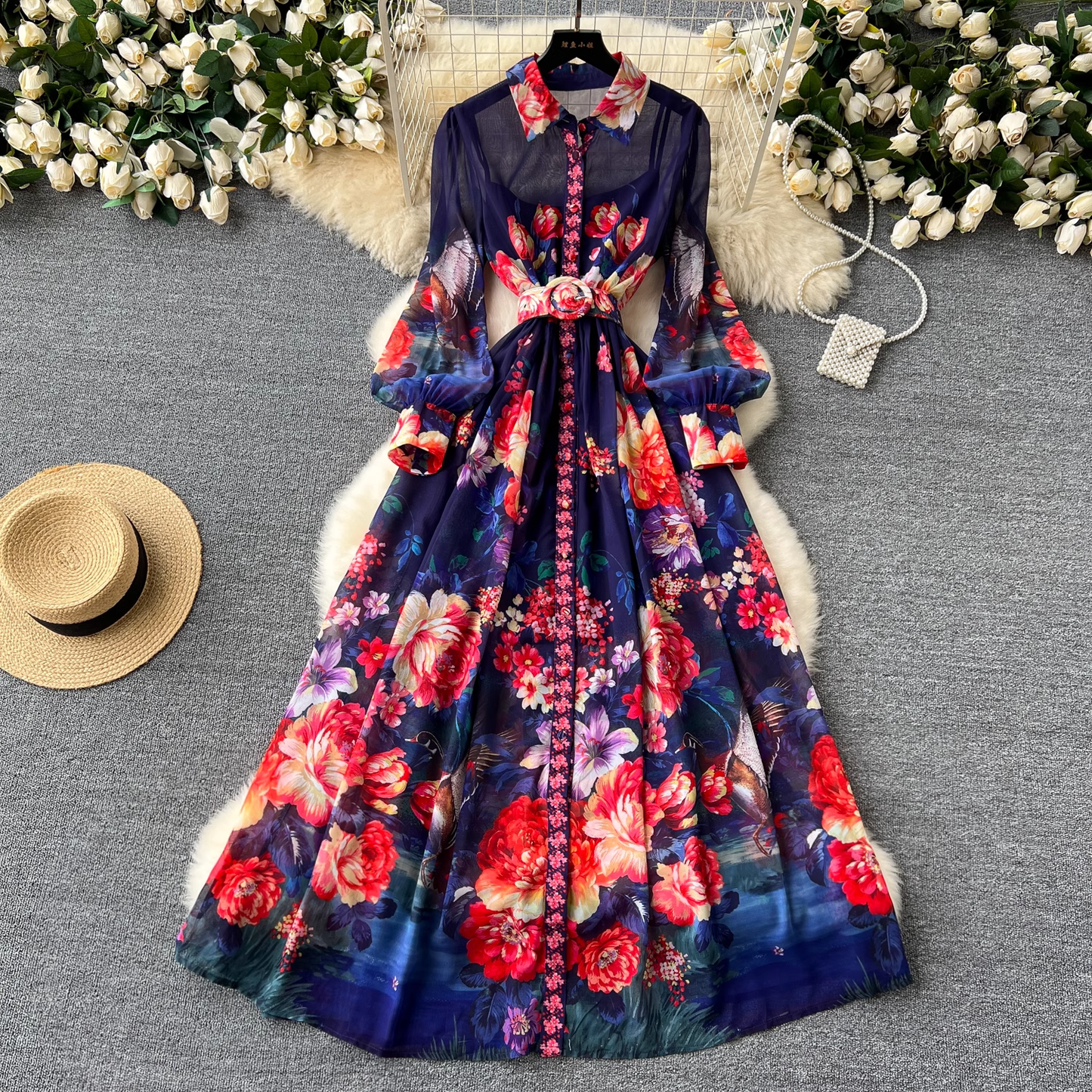 - French court retro elegant printed dress GEU1096