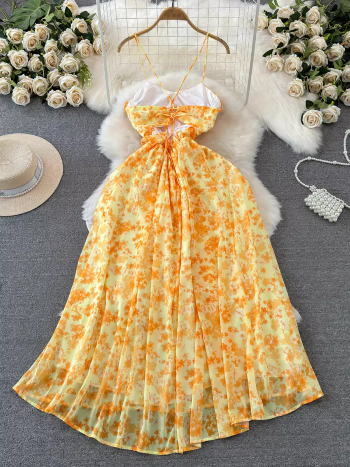 - Summer beach resort style yellow floral dress GEU1022