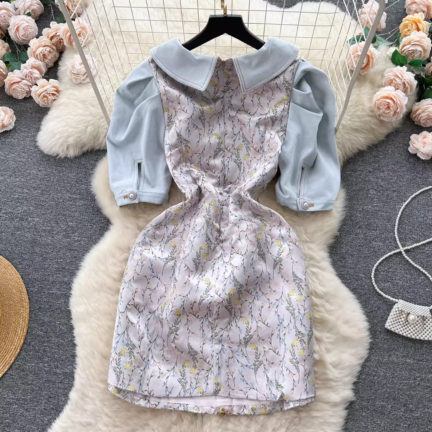 - Light luxury denim splicing heavy embroidery slim short dress for women summer GEU616