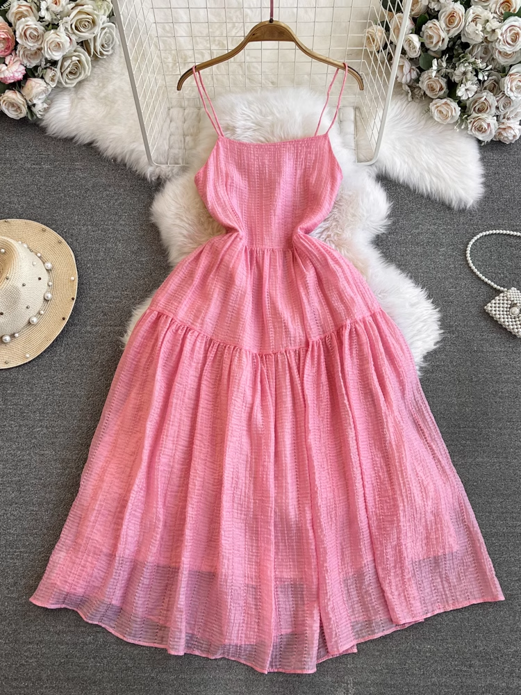 - Pink a-line dress seaside vacation long dress GEU1023