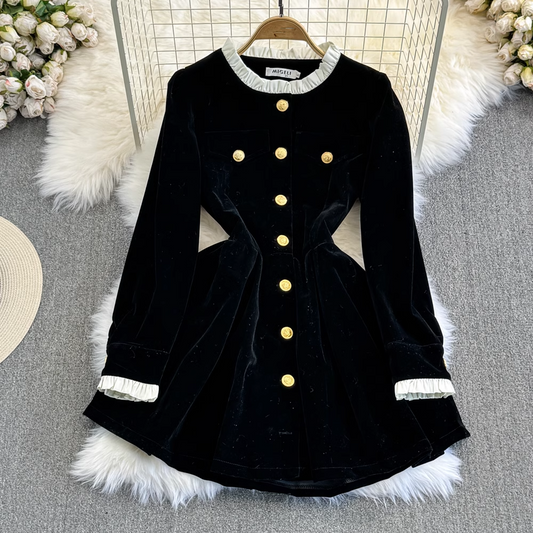 - Autumn and winter fashionable long-sleeved stand-collar mid-length a-line velvet dress GEU906