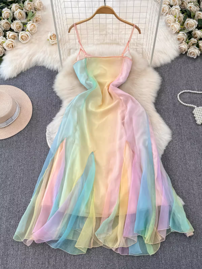 - women's summer rainbow gradient suspender dress  GEU1423