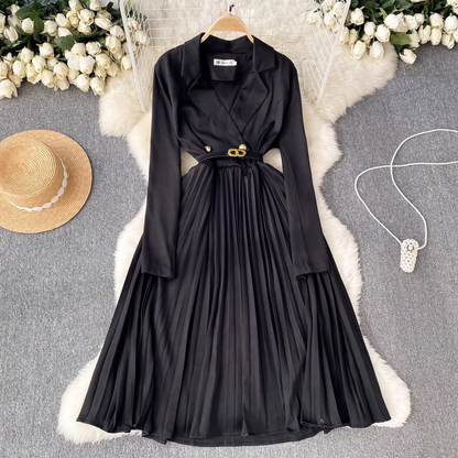 - women's suit collar dress high waist pleated dress GEU798