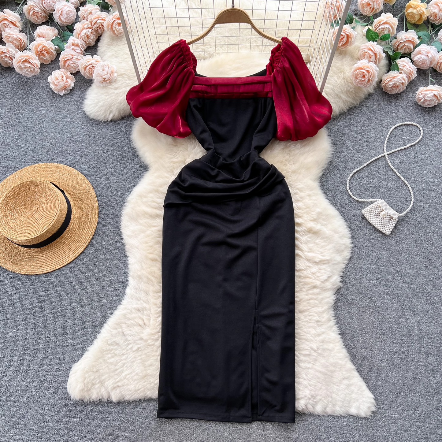 vmtvr- Square Neck Puff Sleeve Midi Dress GEU401