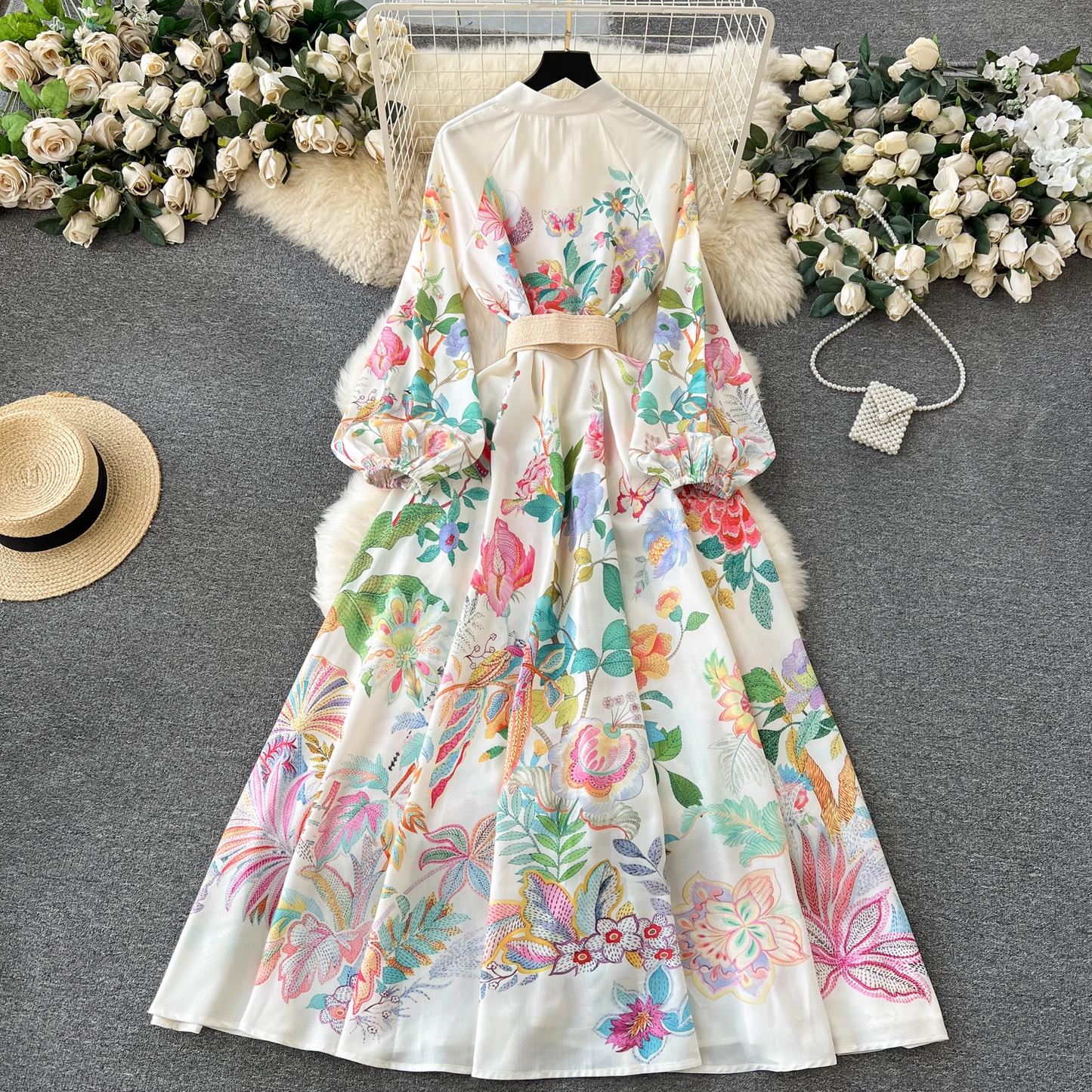 - Elegant printed puff sleeve dress GEU1174