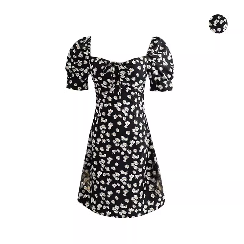 vmtvr- Retro pastoral floral daisy slim square neck dress  GEU484