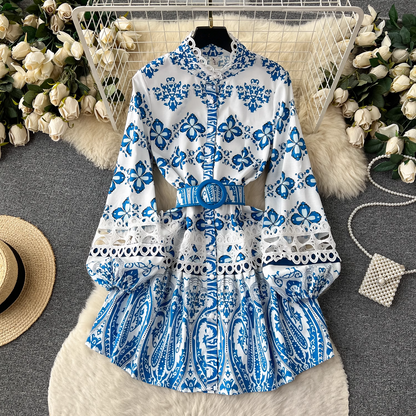 vmtvr- Stand collar printed dress women's retro court style lantern long-sleeved fairy dress GEU408