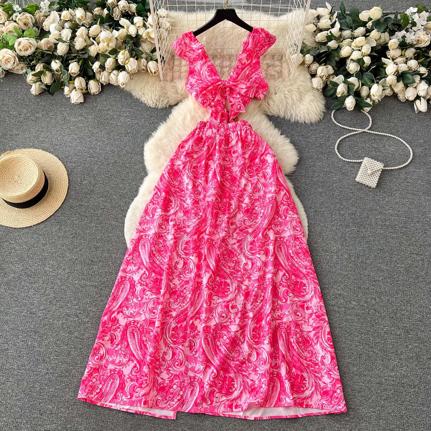 - Women's summer floral suspender dress with ruffled slit GEU451