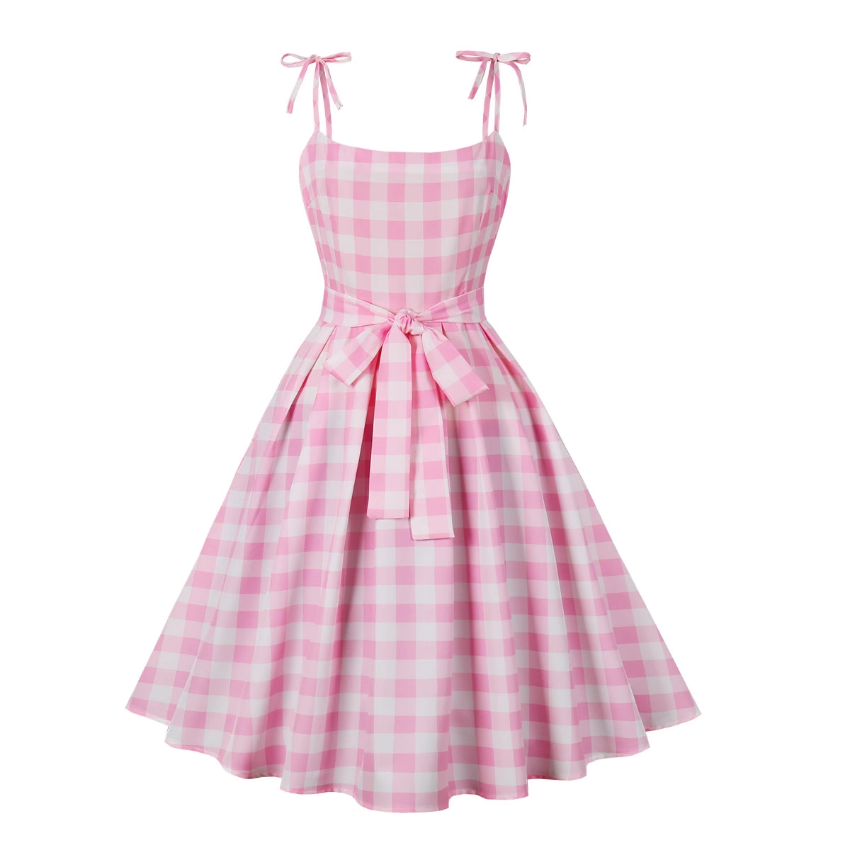 vmtvr- Summer Student Sweet Barbie Pink Plaid Bow Swing Dress GEU485