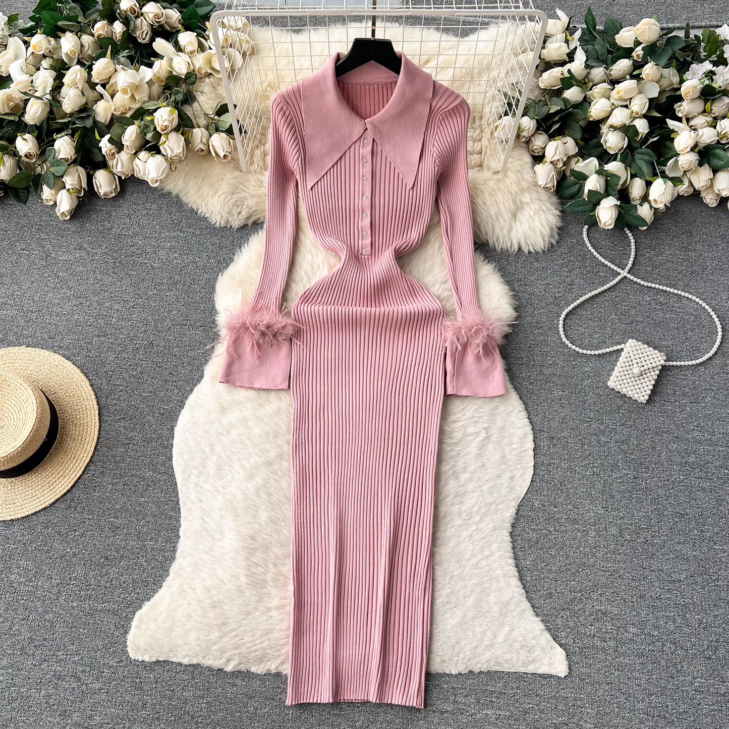 vmtvr- Women's autumn and winter lapel feather tight knitted dress GEU499