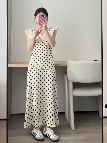 - Women's summer square neck polka dot satin dress GEU1538